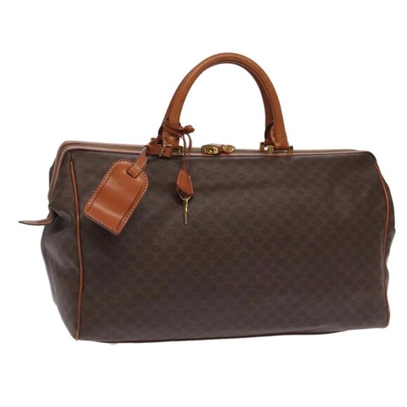 CELINE Macadam Canvas Boston Bag PVC Leather Brown Gold Auth 99360 - Picture 1 of 16